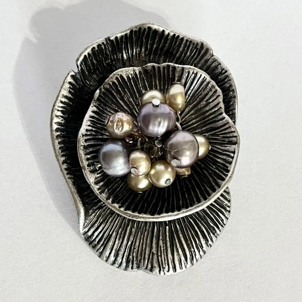 Vintage Flower Brooch Pin Pearl Cluster Antiqued Silver Tone Floral Statement